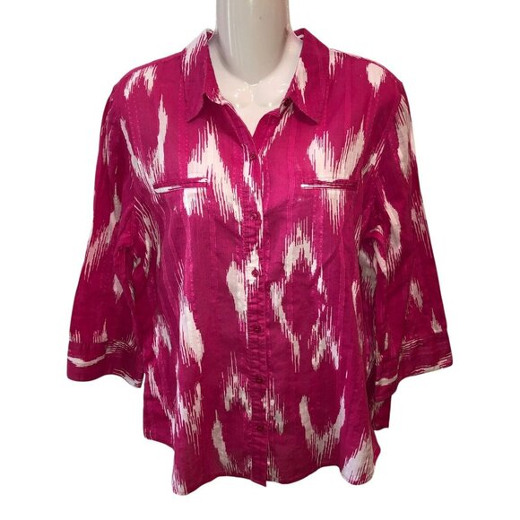 Chicos Size 2 Large Pink White Tie Dye Long Sleeve Button Up Blouse Tunic Top - Picture 1 of 8